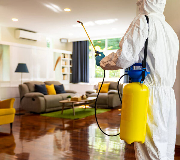 Закрыть медицинский персонал в индивидуальной защитной экипировке СИЗ костюма с коронавирусом COVID-19 дезинфицирующего спрея с фоном гостиной. Поставка концепции гигиены и дезинфекции здравоохранения