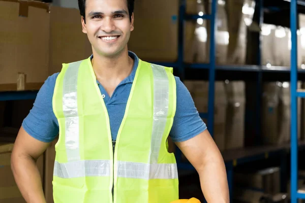 Portrait Indian Asian Warehouse Worker Safety Vest Stand Hold Yellow — Stock Photo, Image