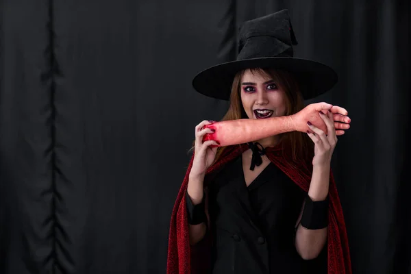 Retrato Asiático Jovem Adolescente Mulher Usar Pano Traje Halloween Para — Fotografia de Stock