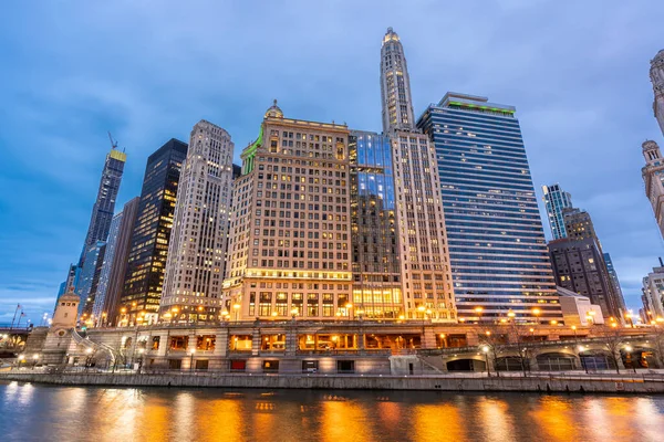 Stad Van Chicago Centrum Chicago River Zonsondergang Nacht Chicago Illinois — Stockfoto
