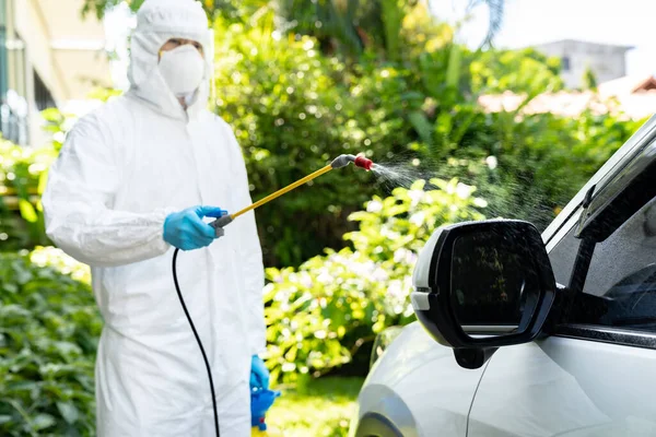 Car Cleaning Using Chemical Alcohol Spray Disinfect Decontaminate Coronavirus Covid — Stock Photo, Image