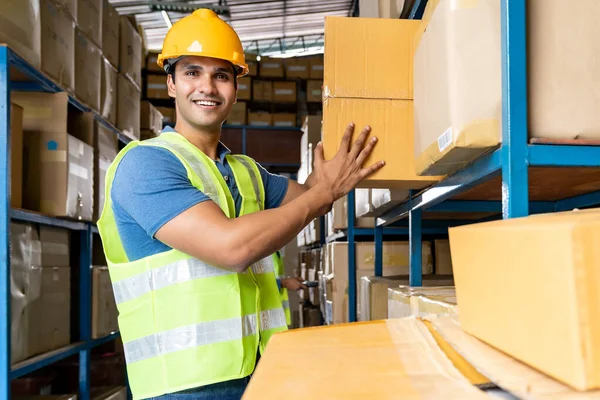 Indian Warehouse Worker Put Cardboard Box Shelf Muslim Islam Asian — Stock Photo, Image