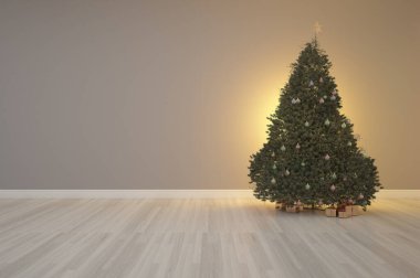 İç dekorasyon odasındaki Mutlu Noel ağacının 3D canlandırması
