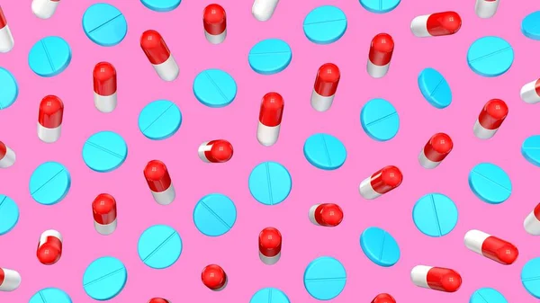Patrón Tabletas Píldoras Sobre Fondo Rosa Rosa Render — Foto de Stock