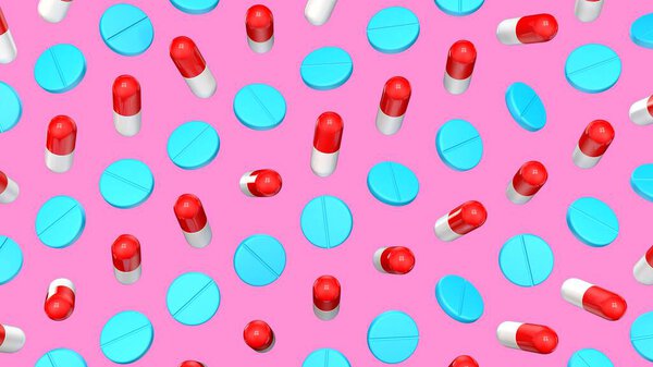pattern of tablets and pills on a pink background pink 3d render