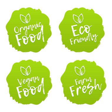 Bir dizi yemek rozeti. Vegan, Organik, Taze, Eko. Vektör el çizilmiş etiketler. 