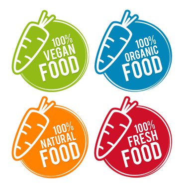 Eko gıda rozetleri. Vegan, Organik, Doğal ve Taze Gıda. Vektör el işaretleri çizdi. Paketleme Tasarımı için kullanılabilir.