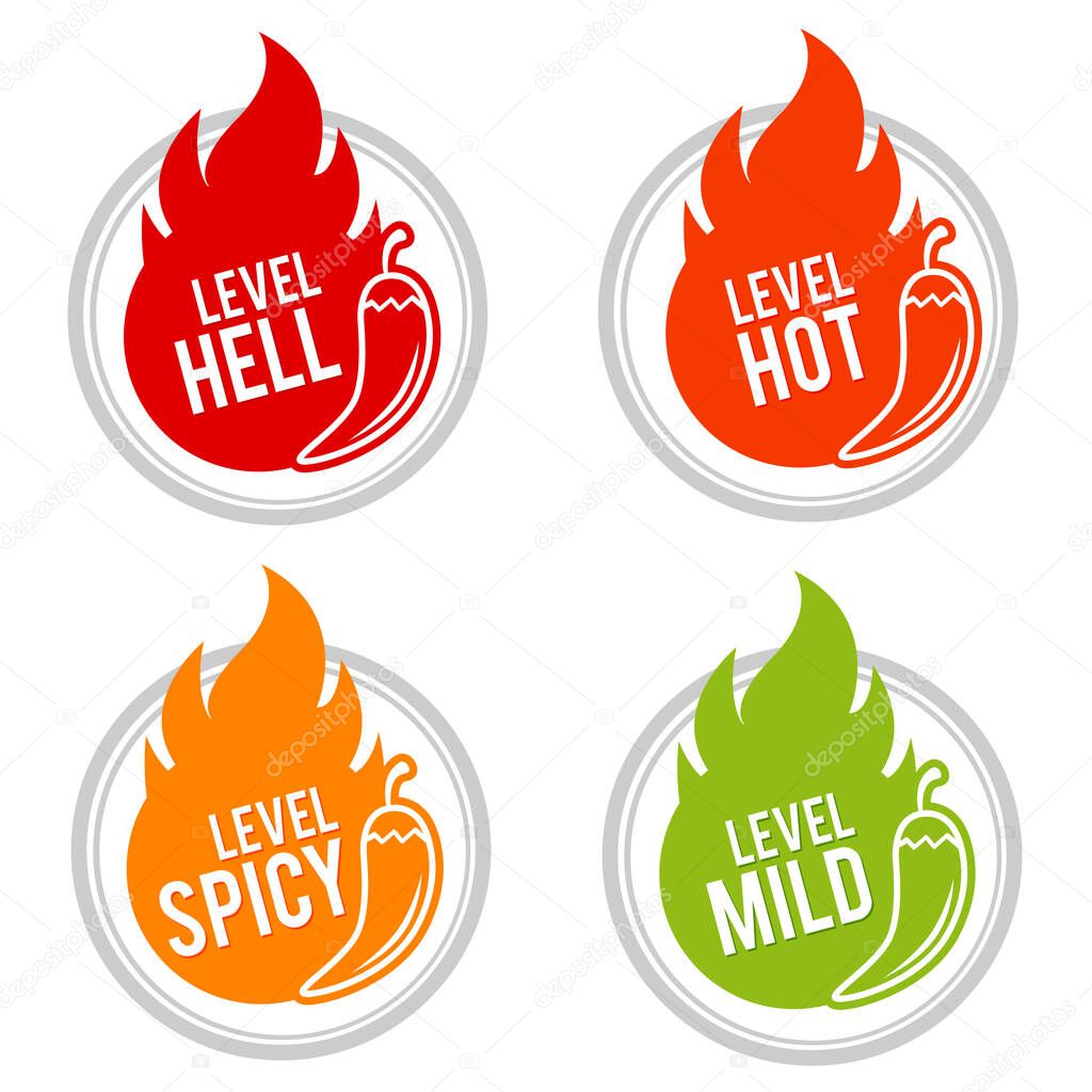 Chili peppers scale. Hell, Hot, Spicy and Mild icons.