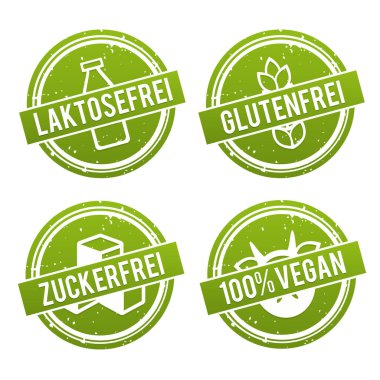 Vektor Symbole Vegan, Glutenfrei, Laktosefrei und Zuckerfrei. clipart