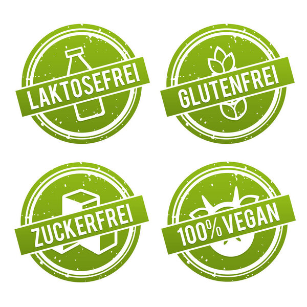 Vektor Symbole Vegan, Glutenfrei, Laktosefrei und Zuckerfrei.