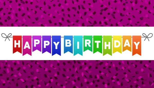 Bandeiras Aniversário Feliz Banner Fundo Confete Roxo Eps10 Vector — Vetor de Stock