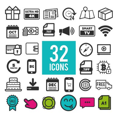 Web, mobil uygulamalar ve arayüz tasarımı için düz simgeler kümesi: alışveriş, ticaret, iletişim, medya, ulaşım, seyahat, finans, fitness, yaz, bilgisayar, Paskalya, Noel, aygıt