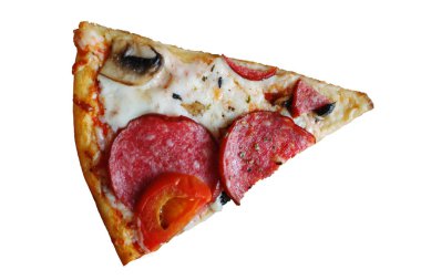 Beyaz bir arka plan üzerinde izole edilmiş bir parça pizza. Yukarıdan görüntüle.