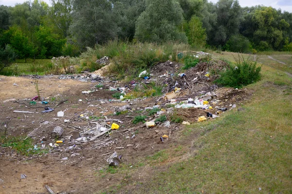 Dump of household waste in the forest. Pollution of nature. The outskirts of the forest are littered with garbage