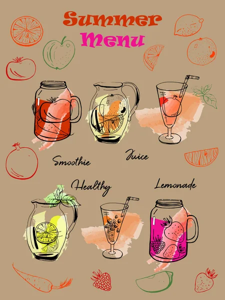 Hand Drawn Vector Template Summer Drinks Menu Smoothies Juice Lemonade — Stock Vector
