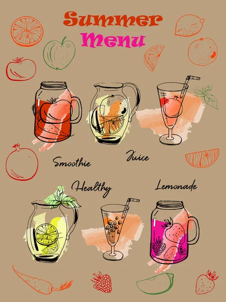 Hand drawn vector template for summer drinks menu with smoothies, juice, lemonade. — Stock Illustration Hand Drawn Vector Template Summer Drinks Menu Smoothies Juice Lemonade Stock Vector