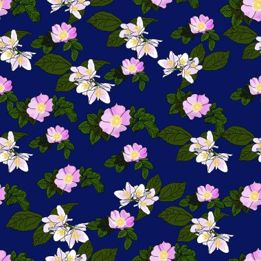 Vektör çizilmiş Kuşburnu ve Yasemin çiçekleri seamless modeli mavi zemin üzerine. Kumaş, paket tasarım fikri.