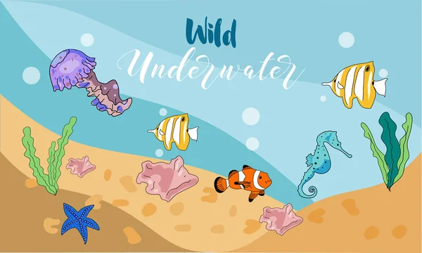 Fondo dibujado vectorial con animales y plantas subacuáticas dibujadas a mano. Caballo de mar, estrella de mar, peces, concha de mar, medusas en estilo de boceto . — Vector de stock