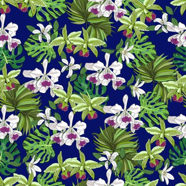 Çiçek seamless modeli, orkide, monstera yaprakları, fan palmiye yaprakları. Elle çizilmiş illüstrasyon.