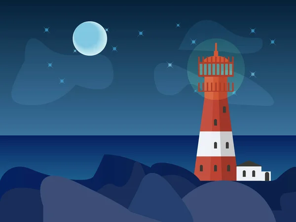 Kayalar ve deniz, yıldızlar ve ay ile gece deniz feneri vektör çizilmiş.