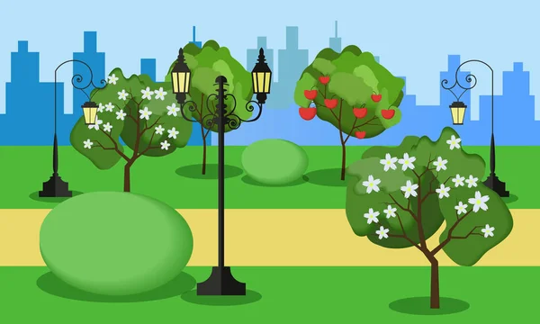 Vektör çizim parlak çiçek açan ağaçlar bir güzel sonbahar Şehir Parkı