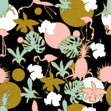 Flamingolar, orkide ve yaprakları siluet koyu arka plan üzerinde ile sorunsuz el çekilmiş botanik egzotik vektör desen.