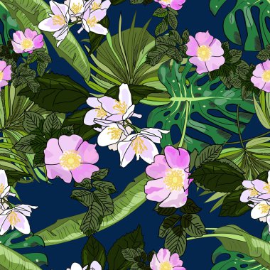 Monstera tropikal seamless modeli, yaprakları, fan palmiye yaprakları, koyu mavi arka plan üzerinde. Elle çizilmiş illüstrasyon.