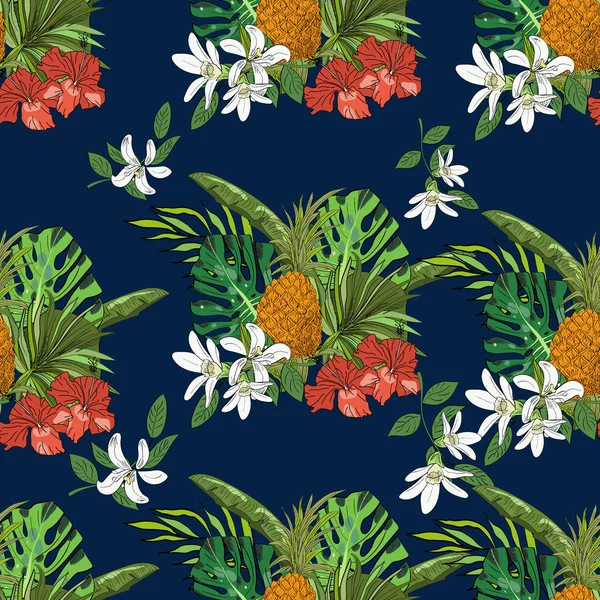 Motif Tropical Sans Couture Ananas Feuilles Monstère Feuilles Palmier Éventail — Image vectorielle