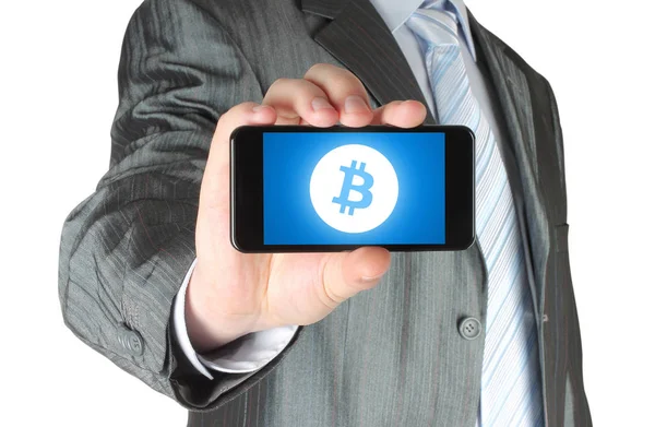 Businessman Holds Smart Phone Bitcoin Symbol Circuit Board Backgroun — Stock Photo, Image