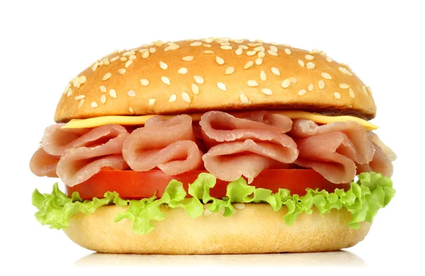 Grande Hambúrguer Com Carne Torcida Fundo Branco — Fotografia de Stock