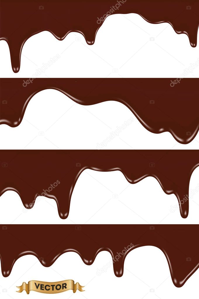 Set of melted chocolates dripping on white background, realistic vector illustration 