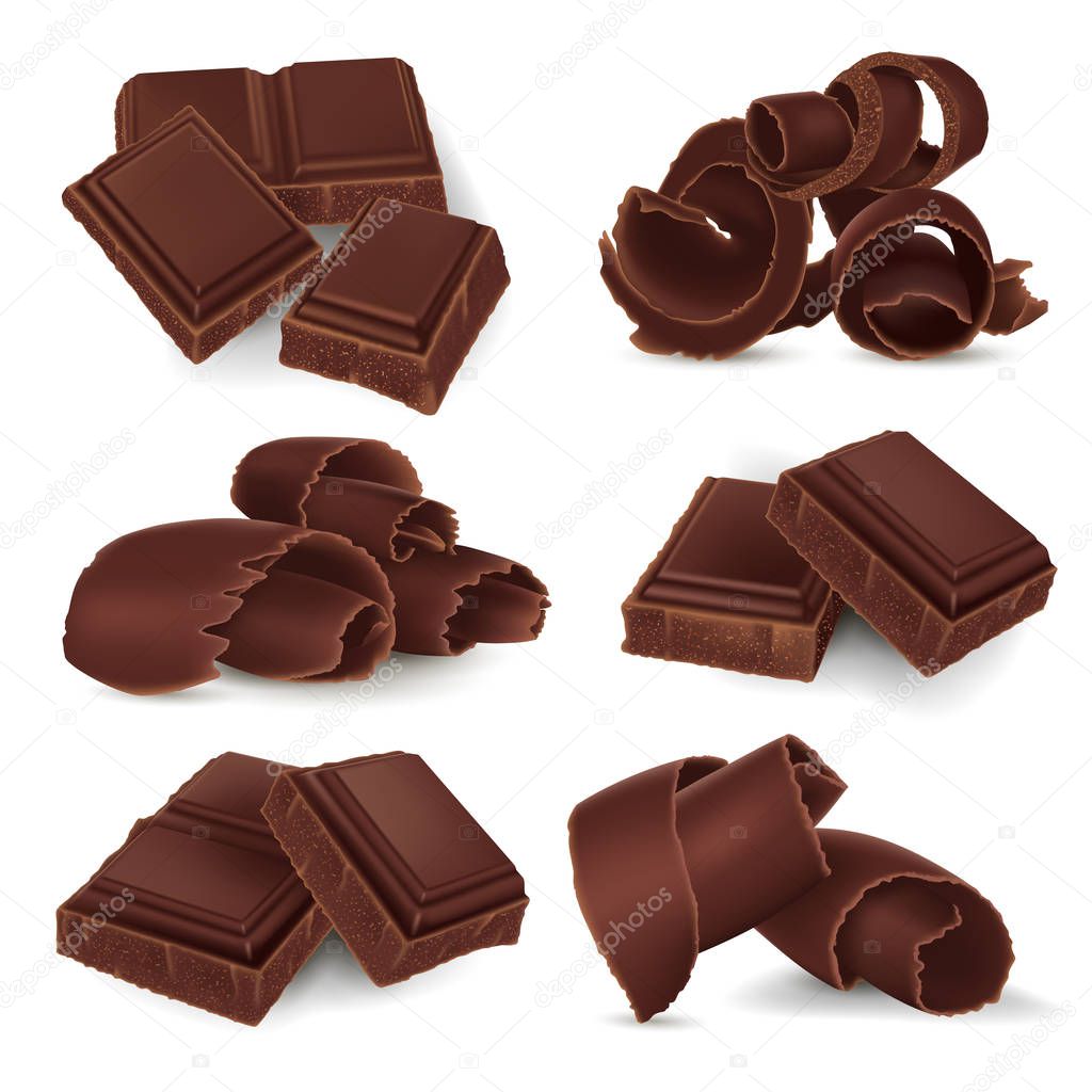 Set of broken chocolate bars and shavings on white background, realistic vector illustration