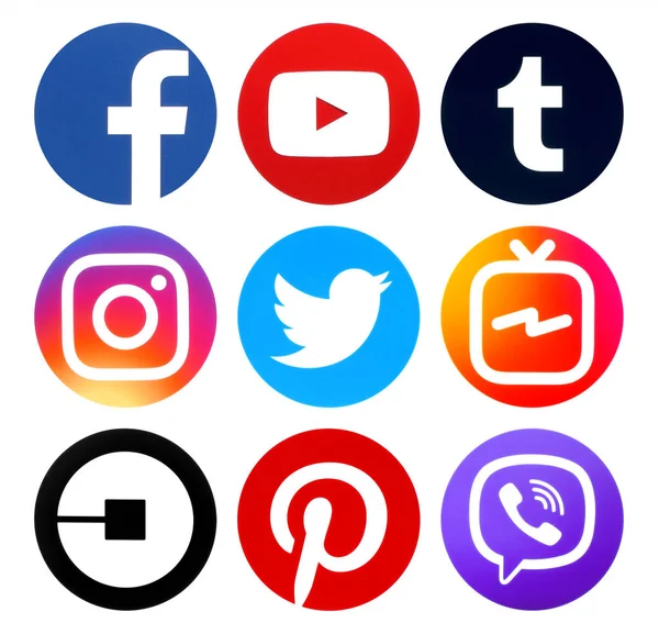 紙に印刷された人気サークル ソーシャル メディアの新しいアイコンのキエフ ウクライナ 2018 コレクション Facebook Youtube Viber Instagram — ストック写真