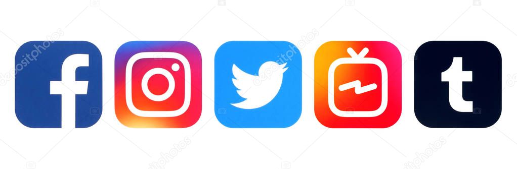 Kiev, Ukraine - August 16, 2018: Collection of popular social media logos printed on white paper: Facebook, Twitter, Instagram, IGTV and Tumblr