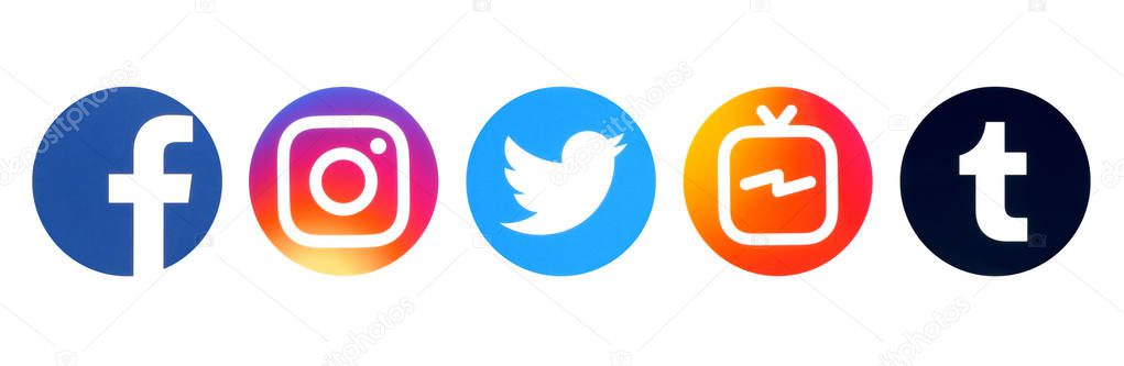 Kiev, Ukraine - August 20, 2018: Collection of popular circle social media logos printed on white paper: Facebook, Twitter, Instagram, IGTV and Tumblr