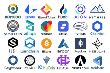 Logolar popüler cryptocurrencies dizi adları bu vektör çizim ile