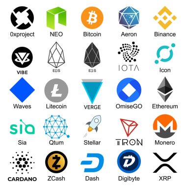 Logolar popüler cryptocurrencies dizi adları bu vektör çizim ile
