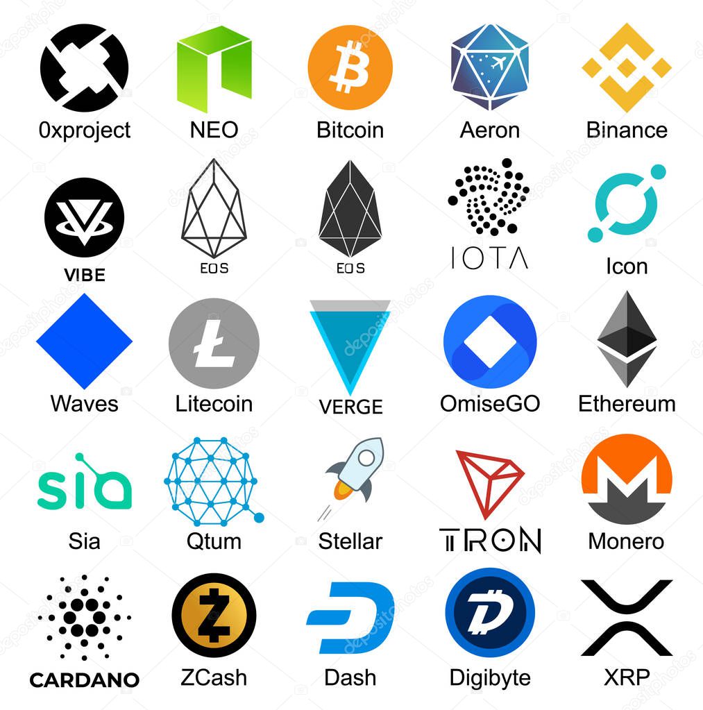 Set of logos popular cryptocurrencies with names of it, vector illustration