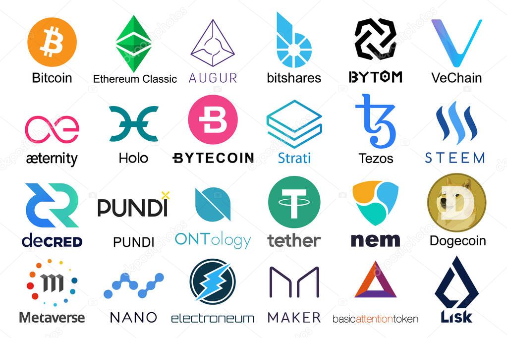 Set of logos popular cryptocurrencies with names of it, vector illustration