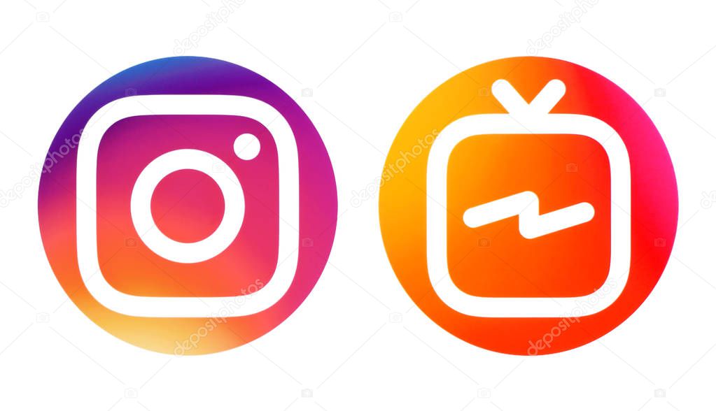Kiev, Ukraine - October 09, 2018: Instagram and Instagram TV (IGTV) icons printed on white paper