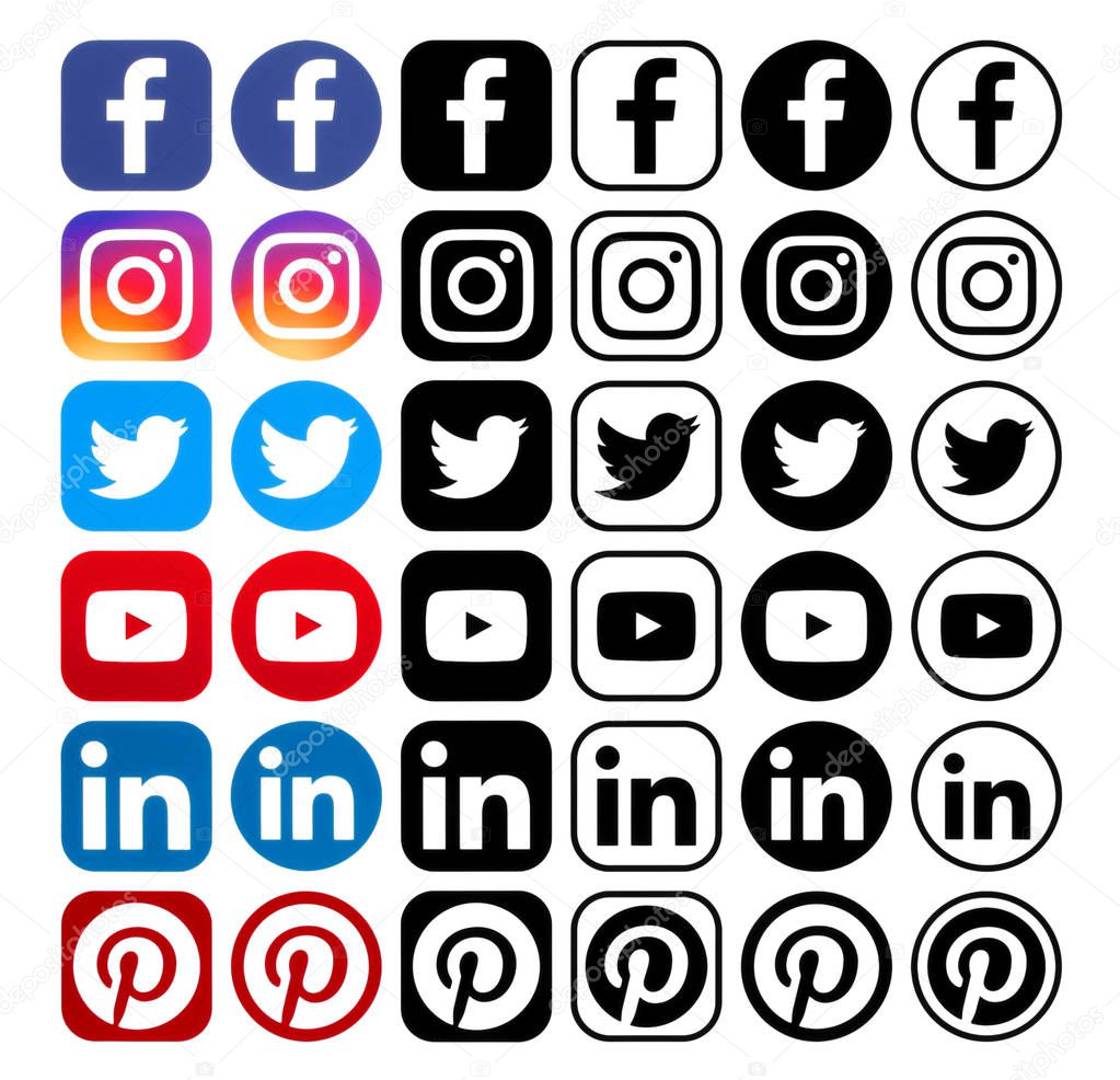 Kiev, Ukraine - September 25, 2018: Collection of different popular social media icons printed on white paper: Facebook, Instagram, Linkedin, Pinterest, Twitter, Youtube