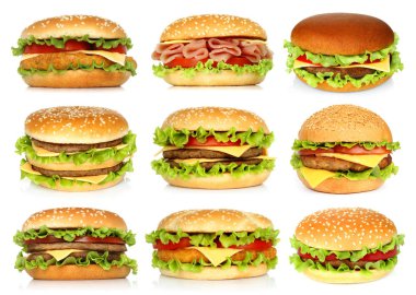 Büyük hamburger beyaz arka plan yakın çekim ayarla