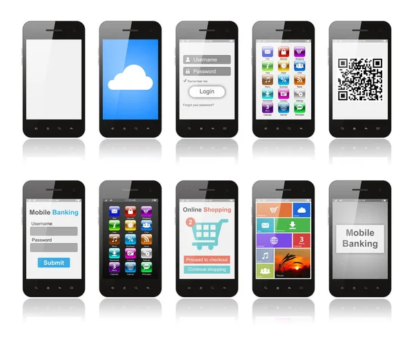 Akıllı Telefonlar Ile Arayüz Tasarımları Farklı Işlevler Apps Beyaz Arka — Stok fotoğraf