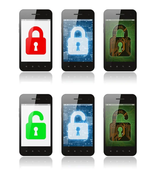 Conjunto Smartphones Con Diseños Interfaz Que Muestran Concepto Seguridad Cibernética —  Fotos de Stock