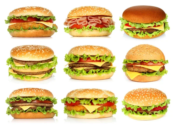 Big Hambúrgueres Definido Fundo Branco Close — Fotografia de Stock