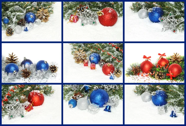 Collage Christmas Compositions Decorations Presents Snow Close — Stock Photo, Image