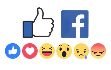 Kiev, Ukrayna - 07 Kasım 2018: Yeni Facebook düğmesi gibi 6 empatik Emoji reaksiyonlar beyaz kağıda basılmıştır. Facebook bir iyi bilinen sosyal ağ hizmetidir