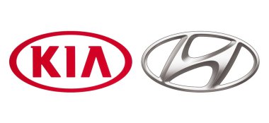 Kiev, Ukrayna - 07 Kasım 2018: Logolar araba üreticileri Birliği ': Kia Motors ve Hyundai, beyaz kağıda basılmış