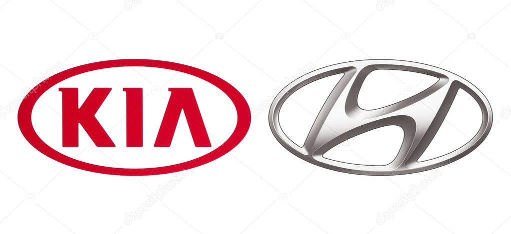 Kiev, Ukraine - November 07, 2018: Logos of car manufacturers alliance: Kia Motors and Hyundai, printed on white paper
