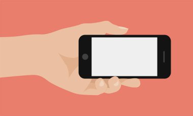 Akıllı telefon kırmızı arka plan üzerinde tutan el. Düz tasarlamak vektör